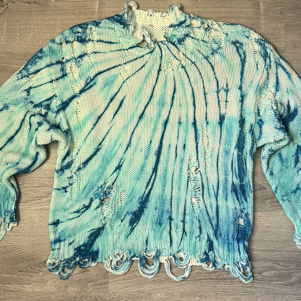R13 Tie Dye Blue Oversized Distressed Knit Sweater Size L